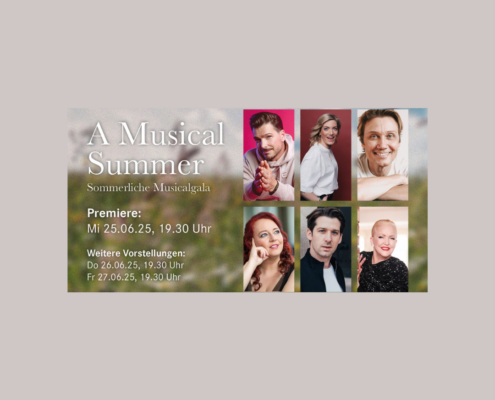 Oper Dortmund - A MUSICAL SUMMER - Credits: Theater Dortmund / Jan Ammann: Melissa Bungartz / Michaela Schober: Michael Böhmländer / Thomas Hohler: Saskia Allers / Andreas Bieber: privat / Roberta Valentini: Saskia Allers / Angelika Milster: Daniel Reinhold - ZIMT STUDIO Hamburg